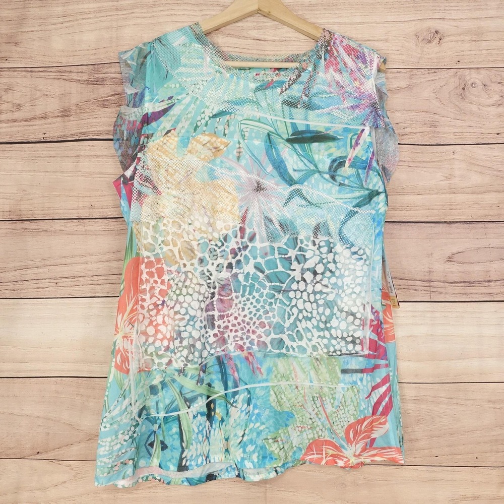 New! Impulse California Blouse Womens L Multicolor Tropical Sheer Mesh Tunic Top